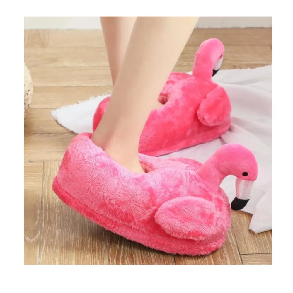 Cute Flamingo Slippers Heel Cover Winter Warm Plush Animal Slippers for Women